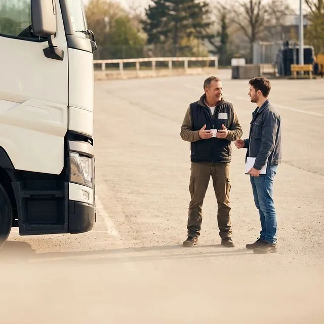Un formateur poids lourd échange avec un élève devant la cabine d’un camion