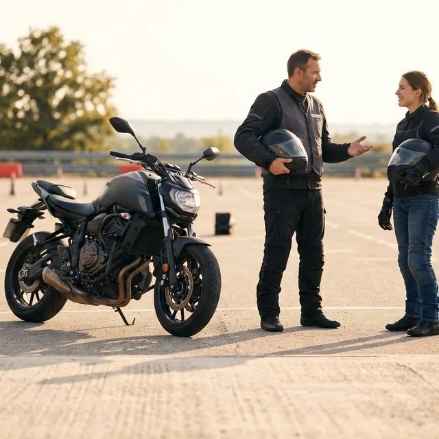 Un moniteur moto conseille une élève à côté d’une moto, sur une aire d’apprentissage
