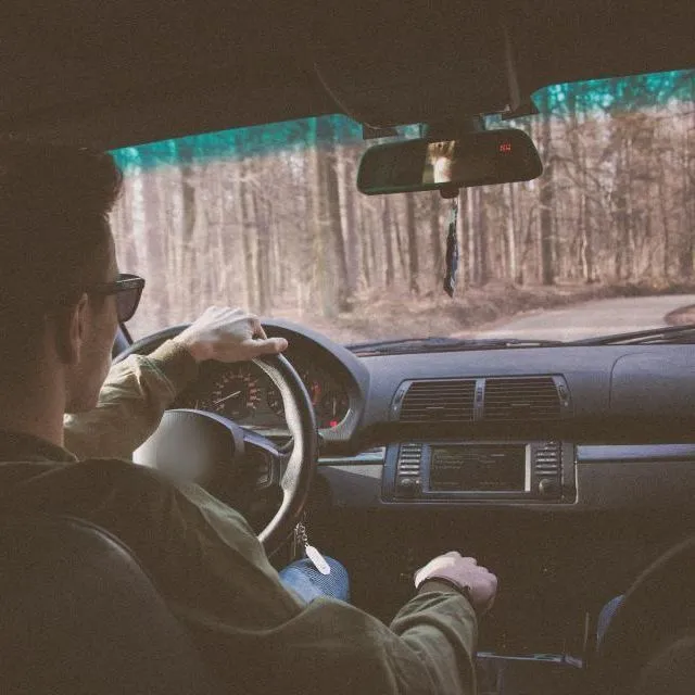 A driver at the wheel, seen from the back seat