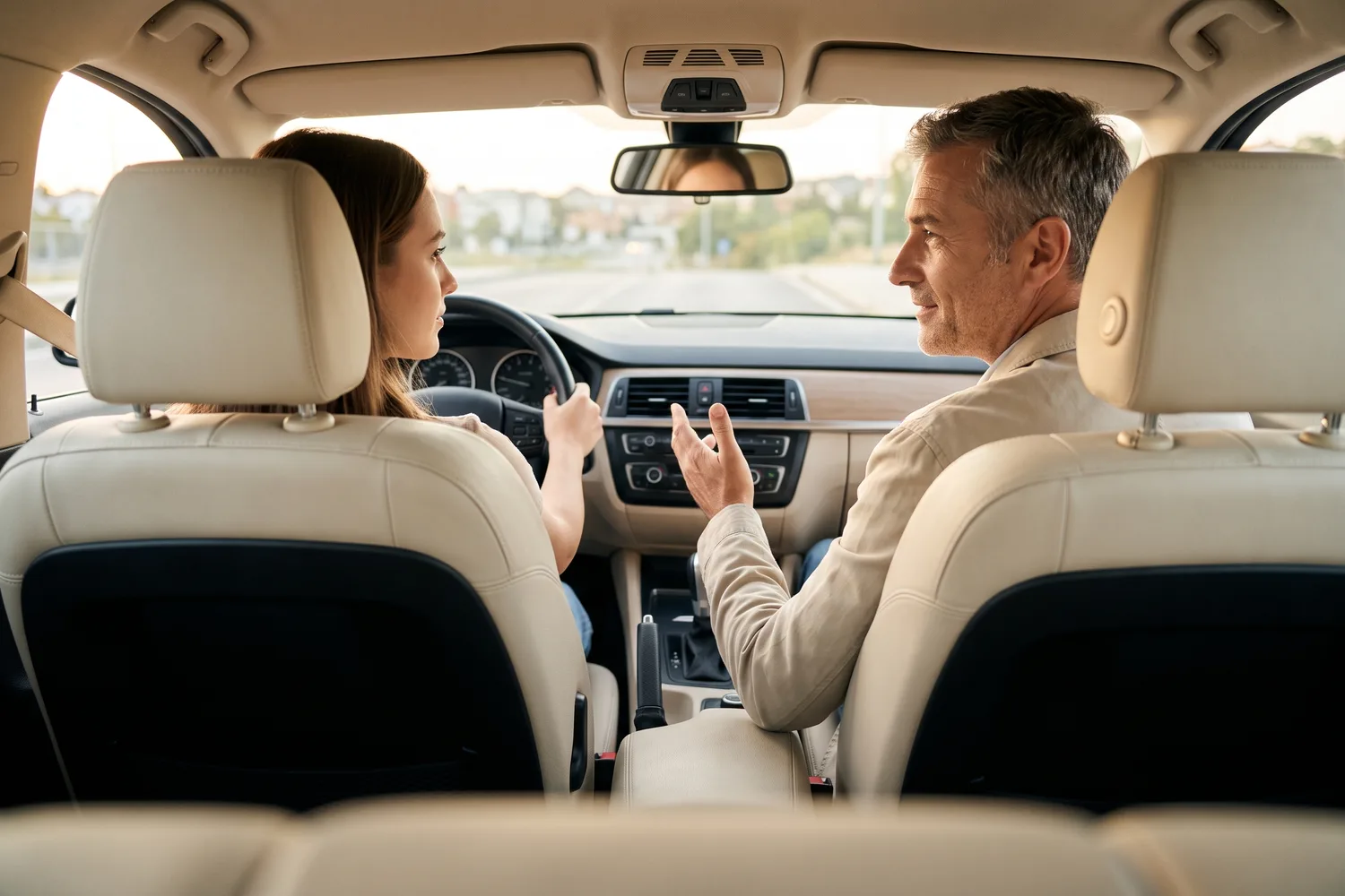 Un moniteur guide une élève au volant pendant une leçon de conduite